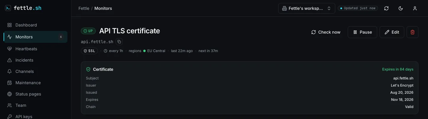 Fettle SSL monitor showing the certificate subject, issuer, issue and expiry dates and days remaining
